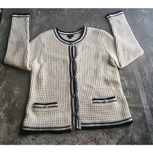 NWT J.Jill Wearever Sweater Jacket Small Contrast Trim Textured  White  Blue